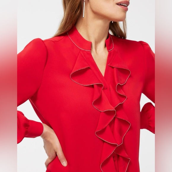 Chico's Tops - CHICOS women’s RUFFLE BLOUSE button up v-neck in WILD POPPY/RED size 4 EUC